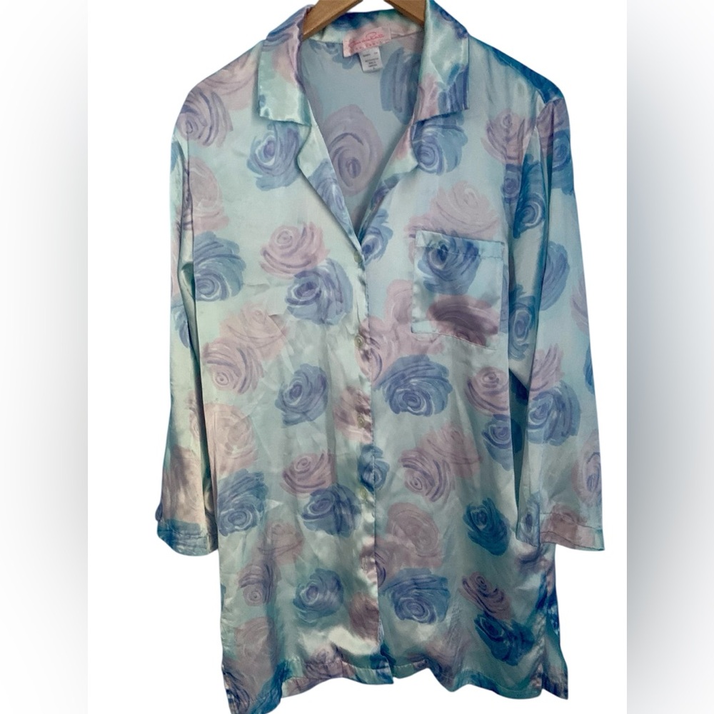 Vintage Oscar De La Renta Pink Label Pink Blue Silky Roses Sleep Shirt Size M